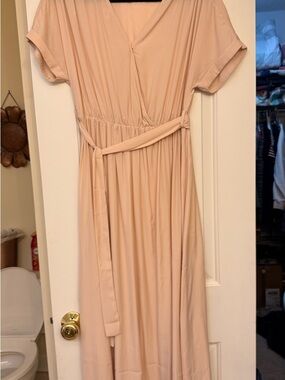 Women's Blush Pink Wrap Maxi Dress with Waist Tie
